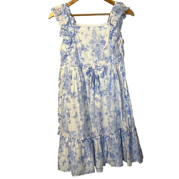 Bonnie Jean Blue & White Floral Butterfly Sleeveless Dress 16 Cottagecore Toile - Picture 1 of 5